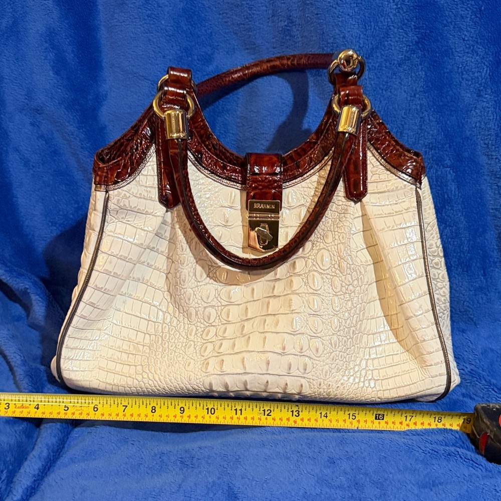 Brahmin Cream & Brown Croco-Embossed Leather Top-Handle Satchel